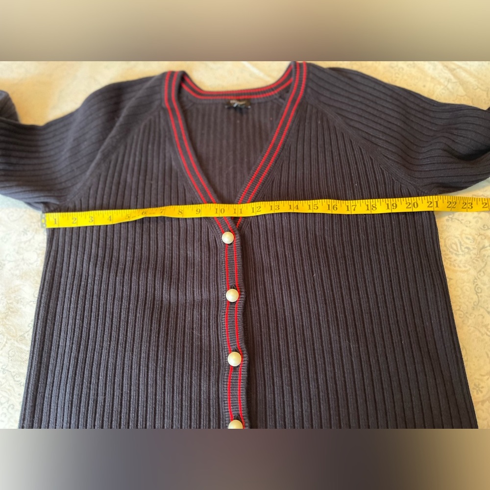Talbots Navy Blue Cardigan with Red Trim pearl button v-neck - Picture 3 of 10
